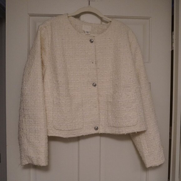 Jackets & Blazers - Cream Textured Bouclé Cropped Lady Jacket XXL White Sparkle Button Front